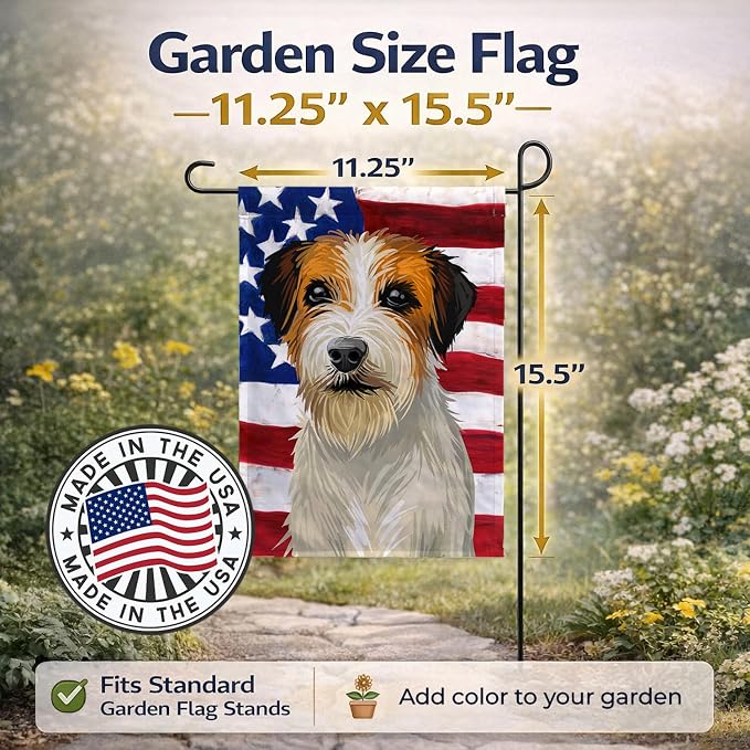 Caroline's Treasures CK6678GF Russell Terrier Dog American Flag Garden Flag Mailbox Flag Decorative Yard Flag Banner Outside Patio Artwork Yard Flower Beds, Garden Size, Multicolor