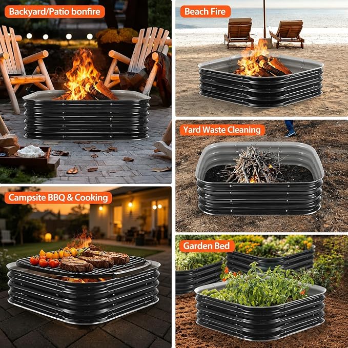 48 Inch Heavy Duty Square Fire Pit Ring for Outside, 11" Deep Galvanized Steel Fire Pit Insert for Backyard Bonfires, DIY Outdoor Wood Burning Firepit for Patio, Camping & Outdoor Fireplace
