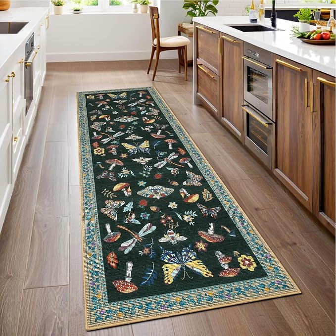 ROYHOME Mushroom Insect 2.5x8 Kitchen Runner Rug for Hallways Black | Entryway Bedroom Bathroom Washable Bug Moth Cute Funky Cottage Core Whimsical Boy Rugs Low-Pile Non-Slip TPE Backing