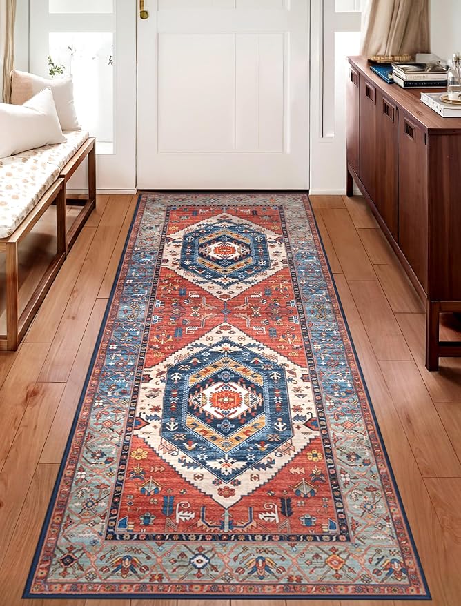 SERISSA 2x6 Washable Non Slip Boho Runner Rug for Hallway，Rust | Ultra Soft Vintage Oriental Carpet Low-Pile Distressed Tribal Floor Carpet Runner for Bedroom Bathroom Laundry Living Room