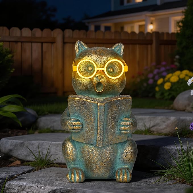 Bronze Resin Solar Reading Cat Decor with Light-Up Glasses, Outdoor Statue Garden Animal Ornament for Patio Yard Porch Home Gift for Women Cat Lovers