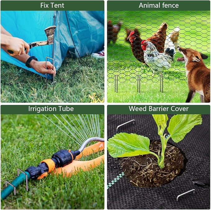 AMAGABELI 10 Inch 200 Pack Galvanized Landscape Staples 11 Gauge Anti-Rust Heavy Duty Garden Stakes Plant Cover Spikes U-Shaped Sod Pins Fence Stakes for Weed Barrier,Irrigation Tubing,Decoration