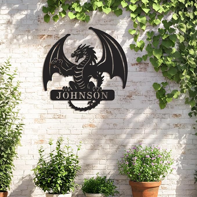 Personalized Dragon Metal Wall Art – Custom Last Name Sign, Western Dragon Home Decor for Living Room, Porch & Outdoor Display