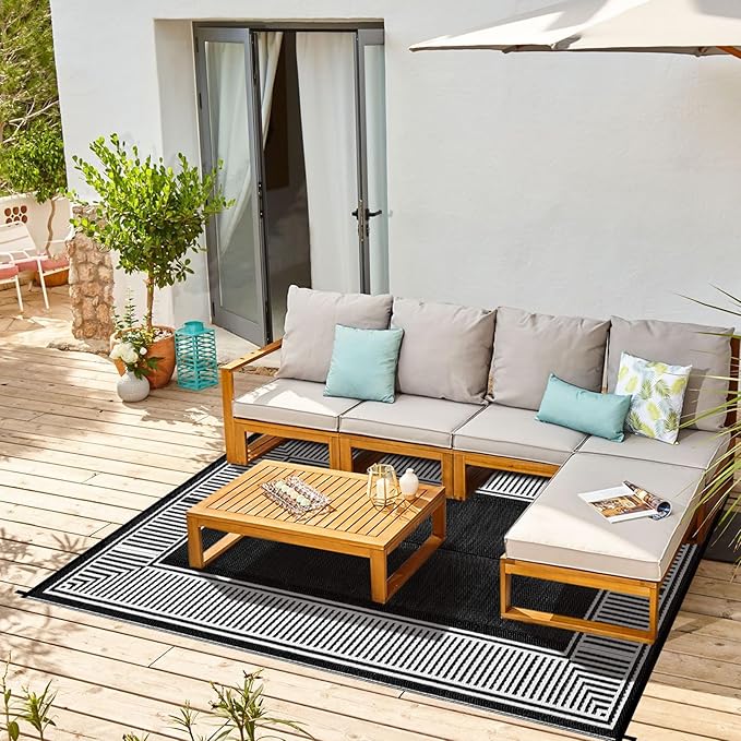 Outdoor Rug 8x10 Waterproof Patio Rugs Modern Striped Reversible Mat for Front Door Rv Border Foldable Plastic Straw Carpet for Travel Trailers, Porch, Camper, Balcony, Beach，Black/White