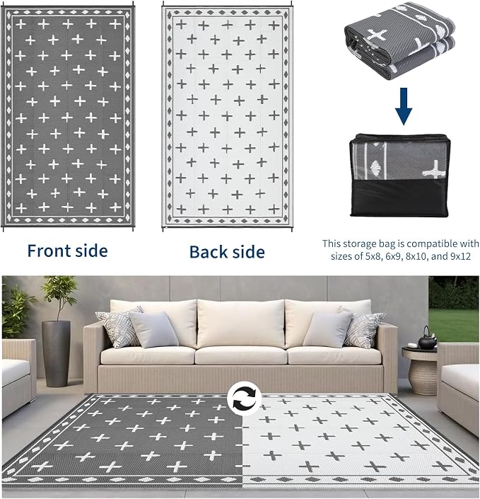 Outdoor Rug 9x12 Modern Area Rugs for Indoor and Outdoor Patios and Porches - Waterproof, Washable, Non-Shedding, Easy-to-Clean Outside Carpet，Grey/White