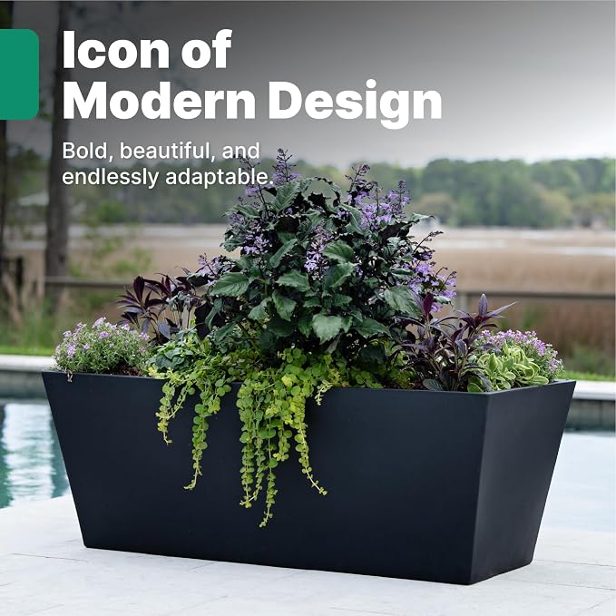 Step2 Tremont Trough Planter 2-Pack, Large Resin Planters for Outdoor Plants, Self-Watering, Black