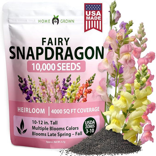 HOME GROWN Snapdragon Fairy Seeds – 10000 Snapdragon Seeds for Spring Planting 2026, Dwarf Plants, Long Blooming Flower Seed for Garden Beds, Pollinator Friendly (Antirrhinum Majus)