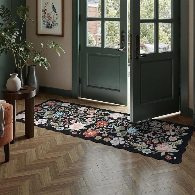 DCX Vintage Floral Washable Area Rug 2x6, Non Slip Low Pile Rug, Black | Rugs for entryway, kitchen, dining room, office, soft, kid & pet friendly, sain resistant indoor carpet, home decor