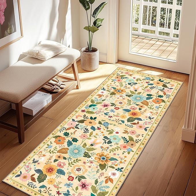 Floral Washable 2x6 Area Rugs Runner Entryway Hallway Yellow/Orange | Flower Carpet, Print, Boho, Non-Slip, Easy to Clean, Low Pile, Soft, for Living Room Bedroom Kitchen Office Entrance