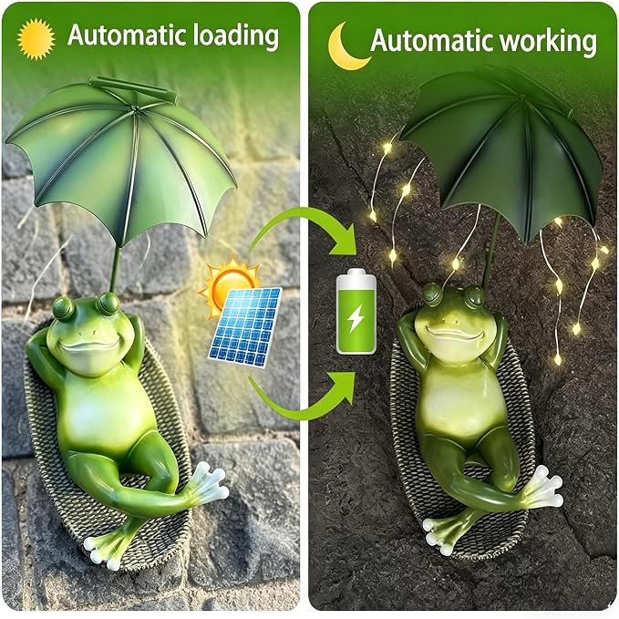 6.7" Solar Frog Garden Statue with Light Up Umbrella - IP65 Waterproof Resin Sculpture, Outdoor Figurine for Patio Yard Pond, Unique Gardening Gifts for Women/Mom