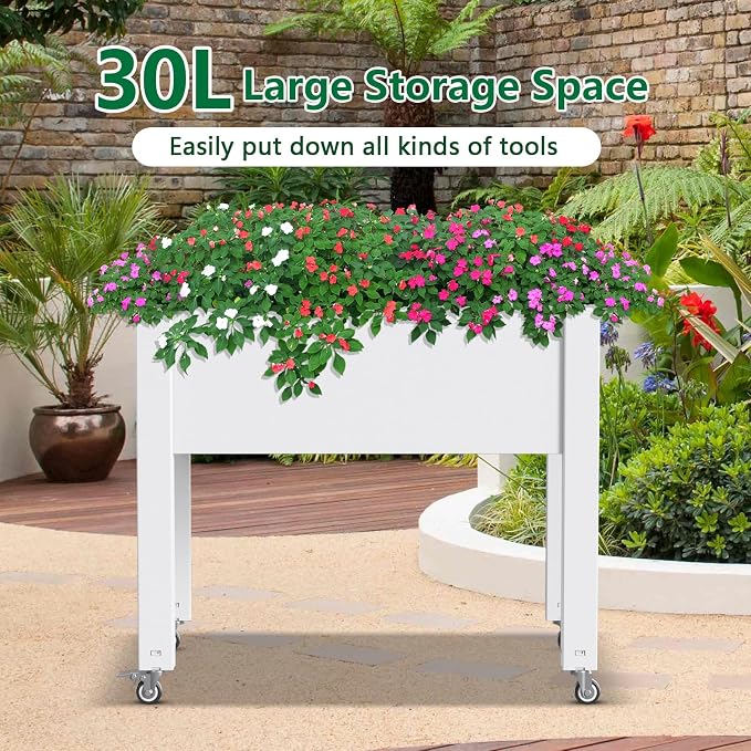 Vixzen Mobile Raised Garden Bed with Wheels, Self-Watering System,Outdoor Resin Planter Box for Vegetables, Flowers, Herbs on Patio, Balcony, Yard(Ashen, 30.04 * 17.72 * 28.9)