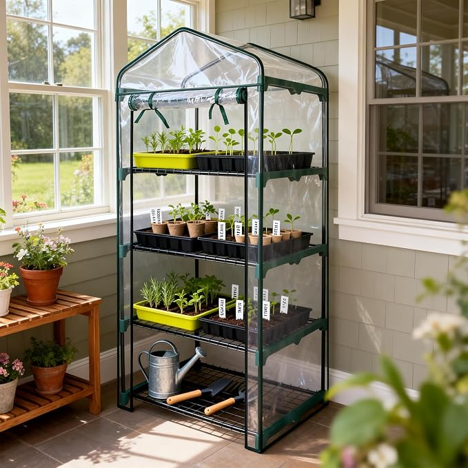 Worth Garden 4 Tier Mini Greenhouse - 63'' H x 27'' L x 19'' W - Sturdy Portable Gardening Shelves with PVC Cover - Small Green House Use in Indoor & Outdoor for Plants Flowers