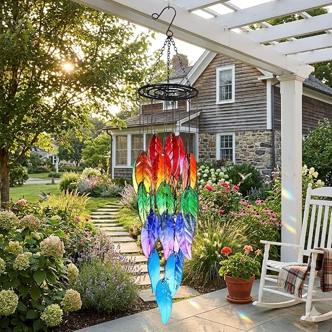 Stained Glass Leaf Wind Chimes - Hand-Painted Glass Leaves Suncatcher for Window, Outdoor Garden Decor, Colorful Leaf Ornaments Hanging Wall Art for Patio, Unique Memorial Gifts for Women & Mom