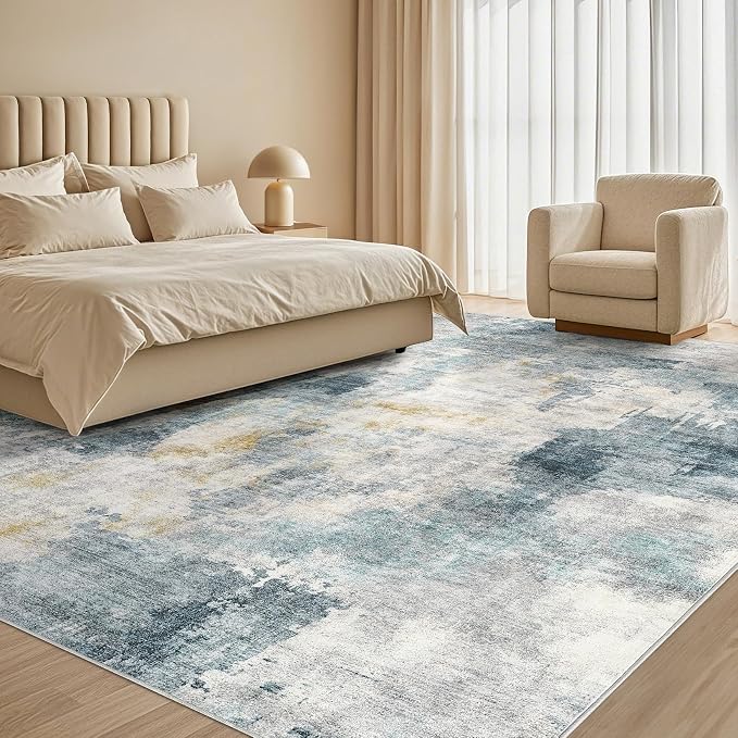Tortania Washable 5x7 Area Rug for Living Room: Modern Abstract Neutral Large Soft Thin Rugs - Non Slip Indoor Carpet for Bedroom Dining Room Office Nursery Home Floor Decoration - Blue