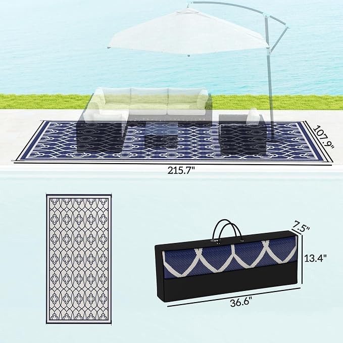 Outsunny Outdoor Rug for Patio, 9' x 18' Waterproof Large Mat, Reversible Plastic Straw Rug for Decor, Portable Outside RV Camping Area Carpet Mat for Backyard Porch Deck Picnic, Blue & White Lantern