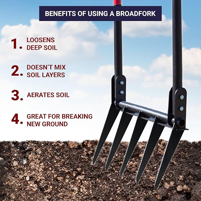 Bully Tools 5-Tine Broadfork with Fiberglass Handles, Heavy Duty Broad Fork for Tilling Aerating and Turning Soil, 56" 10-Gauge Steel Fork, Ideal for Garden Beds and Pavers Base Prep, 100% Made in USA
