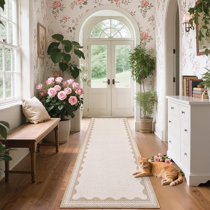 GarveeHome Scalloped Beige 2.5x8 Runner Rug for Hallway Washable Kitchen Rugs Non Slip Solid Modern Minimalism Soft Low-Pile Scalloped Indoor Carpet for Entryway Laundry Room Floor Mats