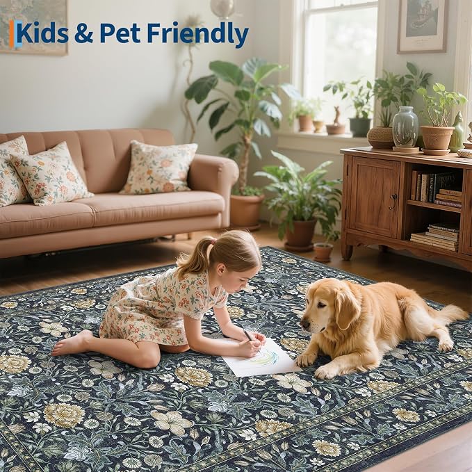 GarveeHome Washable Area Rug 5x7, Retro Floral Low Pile Non Slip Living Room Rug Soft Cottage Core Rug Farmhouse Indoor Carpet for Bedroom Dining Room Playroom