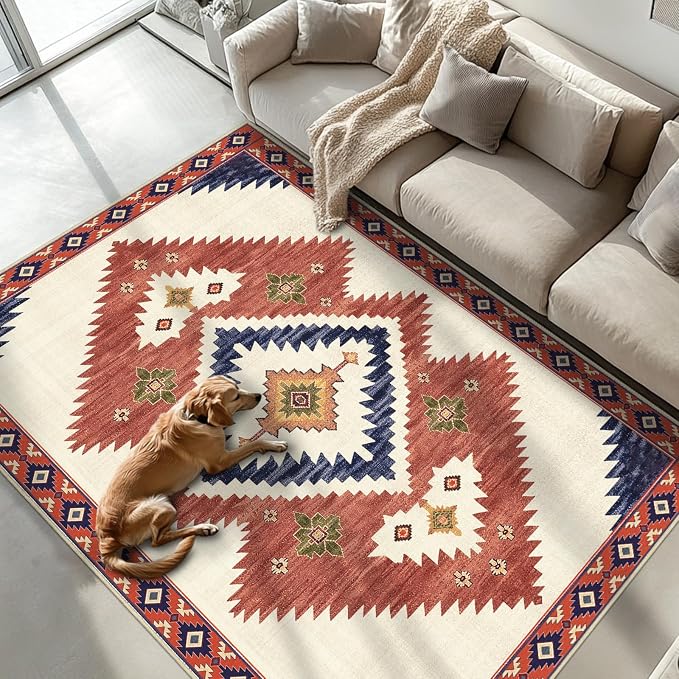 Area Rug 5x7 Western Rug for Living Room Southwest Aztec Rugs | Washable Southwestern Navaj Tribal Rugs Low Pile Non-Slip Floor Carpet for Dining Room Bedroom Kitchen Office, Yellow Brown