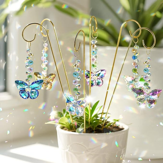 H&D HYALINE & DORA 6 Pack Colorful Butterfly Crystal Suncatcher Plant Stake Plant Stake with Golden Small Trellis Indoor Outdoor Garden Sun Catchers Decor