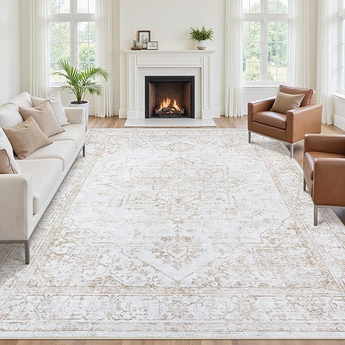 8x10 Area Rugs for Living Room Washable Non-Slip Rug Beige | Vintage Medallion Rug，Soft Low Pile Large Rugs，Indoor Retro Carpet for Bedroom Nursery Dining Table Farmhouse Home Office