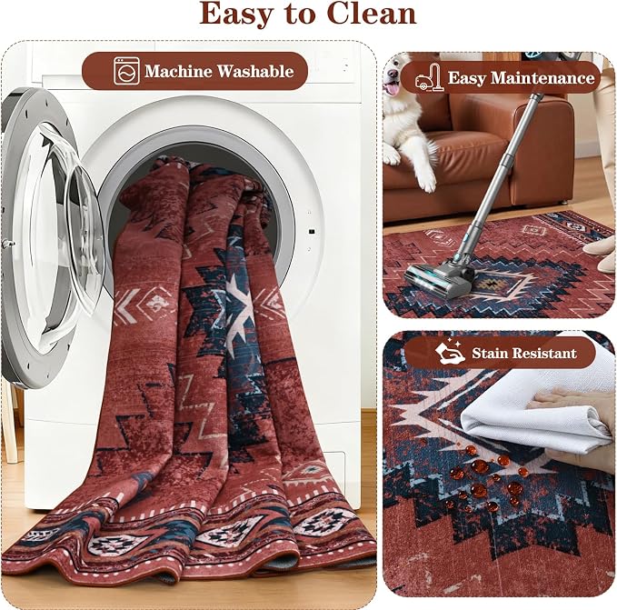 Yinhua 2x8 Runner Rug Non Slip, Western Washable Runner Rugs for Kitchen | Rust Aztec Long Hallyway Runners Rug Low-Pile, Soft Fall Carpet for Bedside Bathroom Entryway