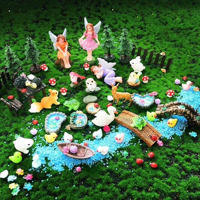114Pcs Fairy Garden Accessories Outdoor Kit Mini Fairy House Decor Supplies | Resin Fairies Figures with Elves, Deer, Bunny, Squirrel, Owl Figurines for Miniature Garden, Yard, DIY Set