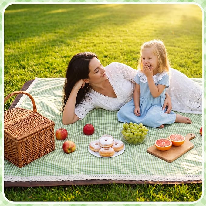 VitalCozy Waterproof Picnic Blankets 59 x 78in Outdoor Blanket Foldable 2 in 1 Double Layer Sandproof Beach Mat with Carry Strap for Camping Lawn Park Beach Grass (Green White)