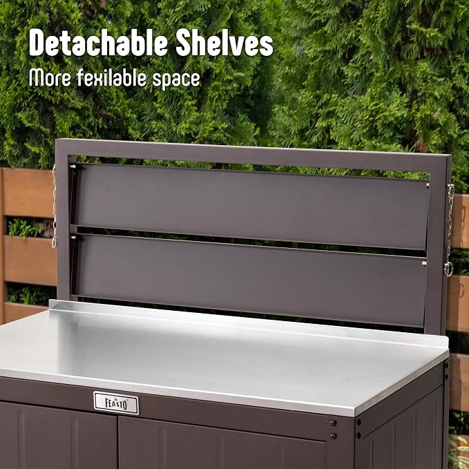 Feasto Outdoor Potting Bench Table with Storage Cabinet, Brown | Stainless Steel Garden Workstation, Raised-Edge Top, Adjustable Shelf & Removable Hutch, Patio, Balcony & Outdoor Workspace
