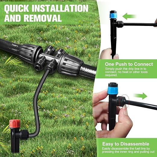 250FT Drip Irrigation System for Garden with 20 Nozzles & Emitters, Garden Watering System with 1/2" & 1/4" Tube and Barbed Fittings - Adjustable Sprinklers Kit for Greenhouse, Lawn, Raised Bed