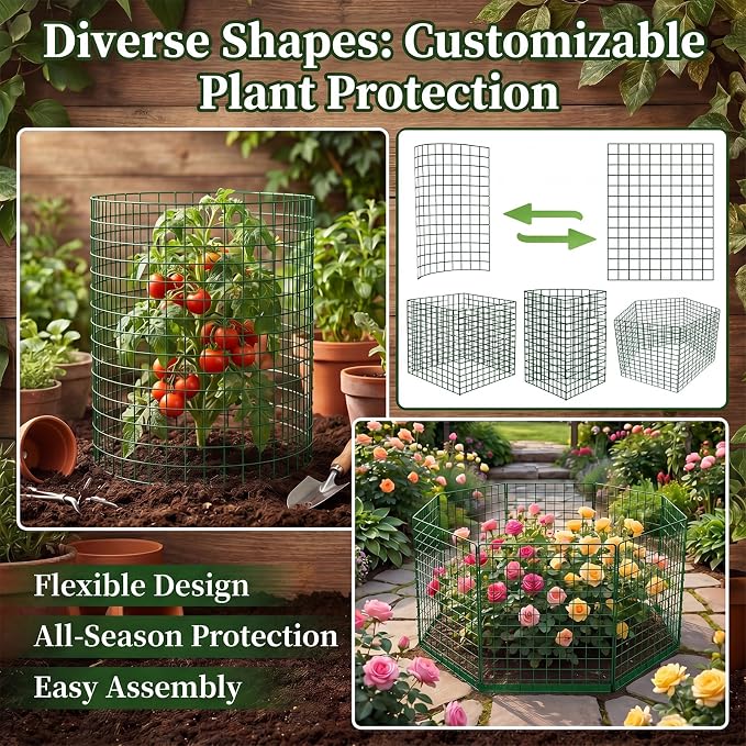10 Packs Plant Protectors from Animals, 30Pcs 12"x 16" Large Metal Wire Mesh Garden Plant Cages for Outdoor Gardening, Chicken Wire Cloche Plant Cages for Rabbits with Zip Ties & Stakes(Green)