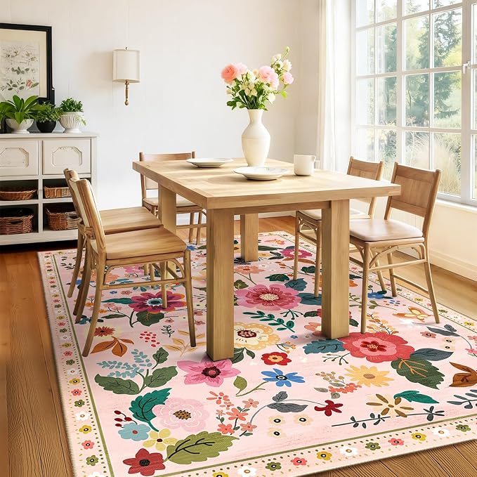 RELEANY Floral Washable 6x9 Area Rugs Pink | Flower Carpet, Print, Boho, Non-Slip, Easy to Clean, Soft, Low Pile for Living Room Bedroom Kitchen Office Entryway Hallway