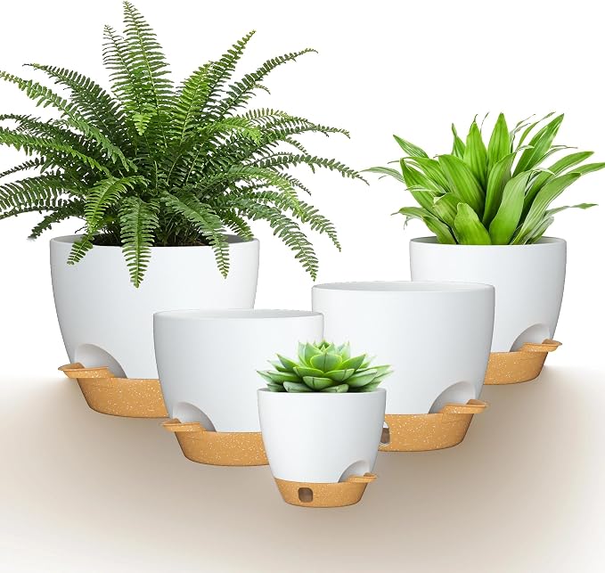 12/10/9/8/6 Inch Self Watering Pots for Indoor Outdoor Plants, Set of 5 Large Plastic Planters with Visual Water Window, Drainage Holes & Watering Lip, Modern Decorative Flower Pots (White)
