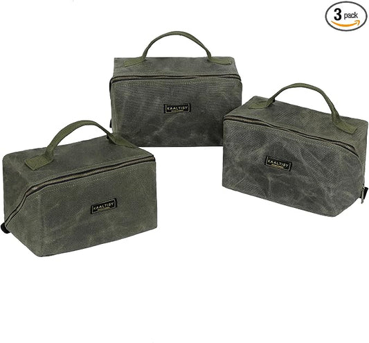Heavy Duty Tool Storage Organizer, Tool Pouch with Metal Zipper + Handle, 16 OZ Waxed Canvas Tool Bag | 3-Pack | 9.5"L x 5.5"W x 5.5"H (Closed) - Army Green