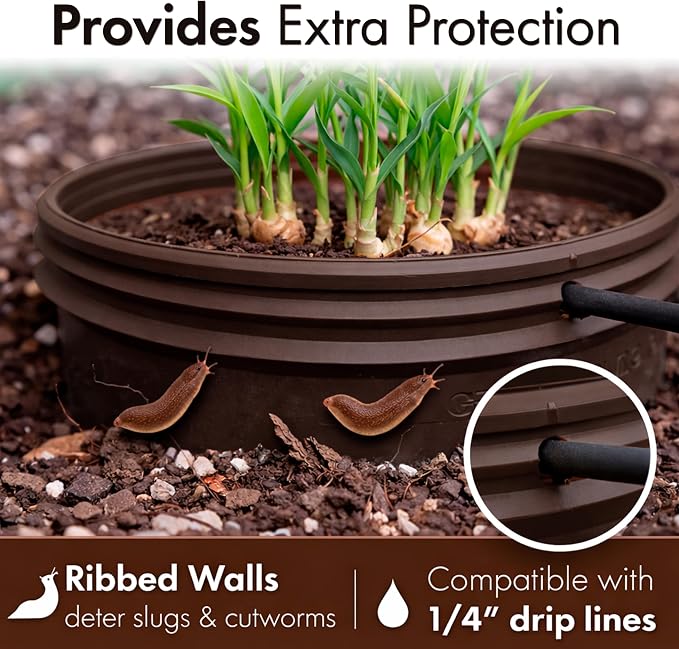 7 inch Solid Planting Grow Rings | 6 Pack Earth Brown | One-Piece Design for Deep Root Watering Veggies, Herbs & Flowers | Mulch & Soil Barrier | Deter Slugs and Cutworms | Heavy Duty | Made in USA