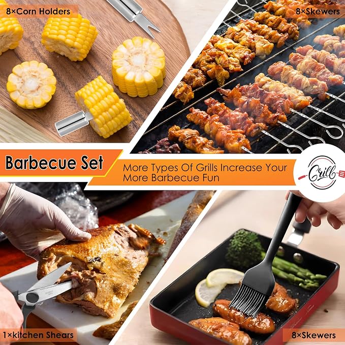 Yoehka BBQ Grilling Accessories Set, 34Pcs Heavy Duty Grill Tools for Outdoor Camping, Grilling Gifts for Men Dad, Stainless Steel Barbecue Utensils Kit with Mats and Glove in Carrying Bag, Silver