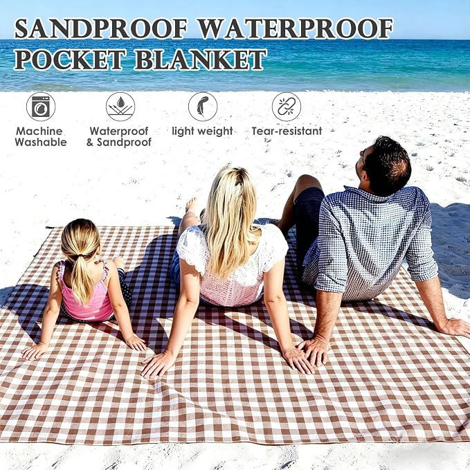 Fammart Pocket Picnic Blanket Sandproof Waterproof, Portable Lightweight Camping Tarp, Quick Dry Foldable Compact Beach Mat with Corner Pockets & Stakes for Festivals Hiking Outdoor Essentials