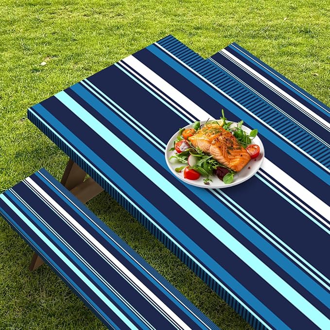 Picnic Table Cover with Bench Covers Elastic Edges, Blue Stripes Camper Fitted Table Cover, Outdoor Patio Camping Essentials 72 Inch 3PCS, Waterproof Camping Fitted Tablecloth with Drawstring Bag