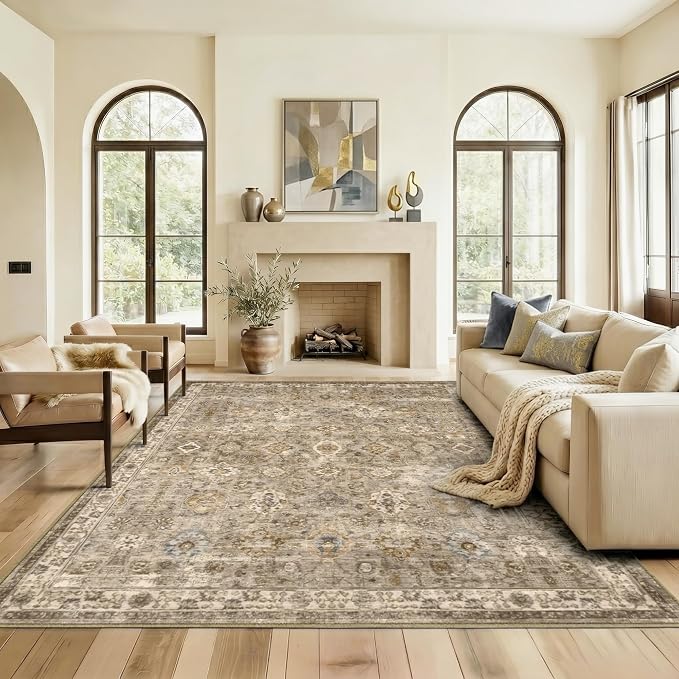 10x14 Area Rugs Washable Large Vintage Rug for Living Room Bedroom | Farmhouse Boho Floral Neutral Washable Stain Resistant Indoor Carpet for Bedroom Office and Home Decor (Brown&Gold)