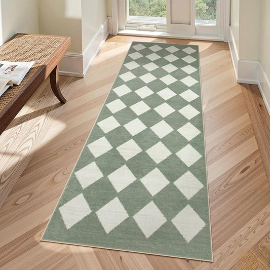 Lahome Zelie Checkered Washable 2x6 Green Runners for Hallways Non Slip, Ultra-Thin Kitchen Bathroom Runner Rugs, Moroccan Trellis Throw Carpet Runner for Bedroom Entryway Decor (2'x6',Green)