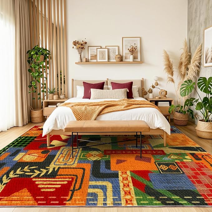 Geometric 9x12 Area Rugs for Living Room, Burnt Orange Tribal Patchwork Rug | Non Slip Indoor Carpet for Bedroom Dining Room Office Home Decor| Southwestern Rustic Rug| Abstract Soft Low Pile Large Rug