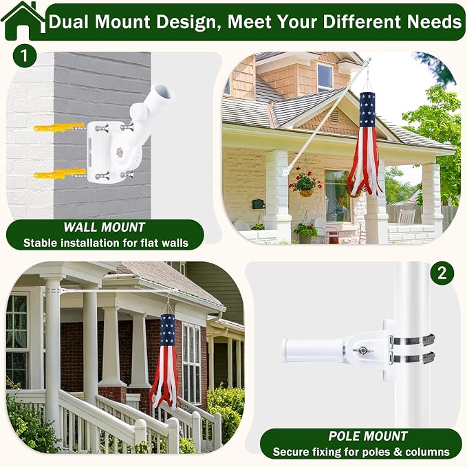 Windsocks Kit for Outside House, 4th of July Decorations US Flag 40 Inch Wind Socks with 6FT Stainless Steel Flagpole with Flag Holder and Rings (White)