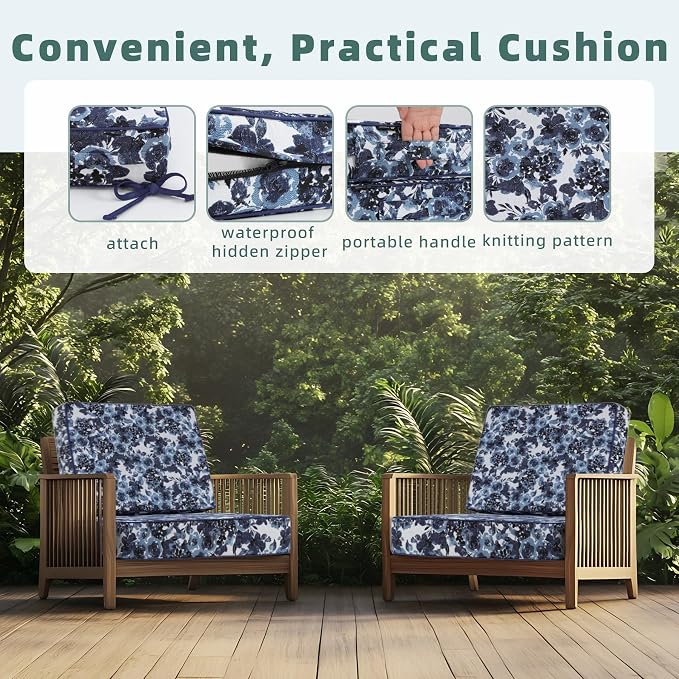 Favoyard Deep Seat Patio Cushion 19 x 19 x 3 in Waterproof Seat & Back Cushion Set with Color Fade Resisitant Pattern, Portable Handle, Attach Straps, Zipper on Removable Cover for Outdoor Furniture