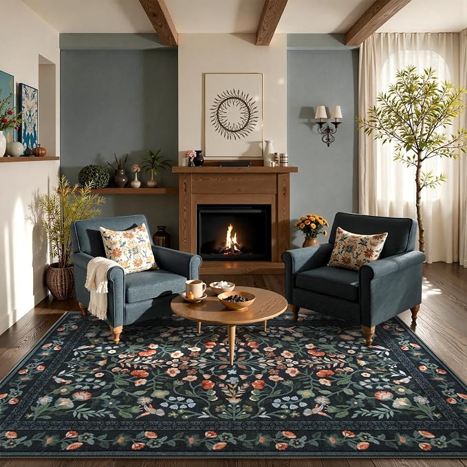 Lahome Black Floral Washable Area Rug 8x10, Vintage Boho Carpet | Non Slip Stain Resistant Carpet for Living Room Bedroom, Low-Pile Soft Rug for Dining Room Office, Home Decor