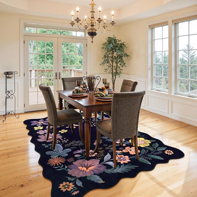Lahome Floral Washable Rugs for Living Room, Soft 5x7 Area Rugs Ultra-Thin | Non-Slip Bedroom Rug Stain Resistant Boho Low-Pile Throw Carpet for Dining Room Office Flore (5x7ft, Purple)