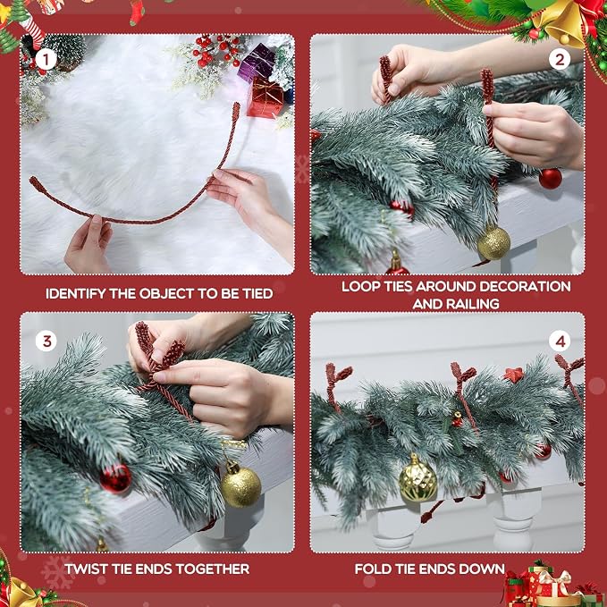 Zhengmy 24 Pcs Christmas Garland Ties Extra Long 30'' 25'' 20'' Burgundy Decorative Twist Tie for Banister Reusable Flexible Twist Tie for Garland Stairway Railing Home Xmas Holiday Decor