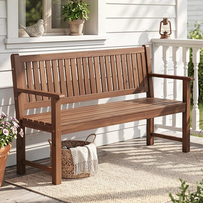 Tangkula 3-Seater Outdoor Wooden Bench, 59” Large Garden Bench with Backrest, Armrests, Slatted Seat, Loads up to 990 LBS, Fir Wood Bench Seating for Porch, Backyard, Deck, Poolside (59",Brown)