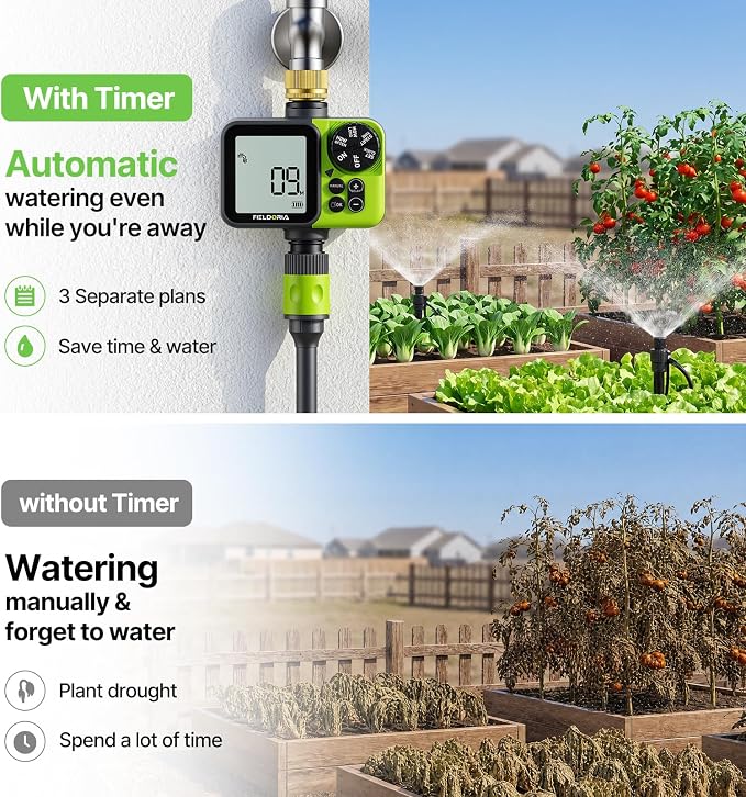 Sprinkler Timer, Brass Inlet Programmable Watering Timer for Garden Hose Fits 3/4” US Faucet, Outdoor Soaker Hose Timer w/Rain Delay/Manual/Automatic Watering, Drip Irrigation for Lawn Yard