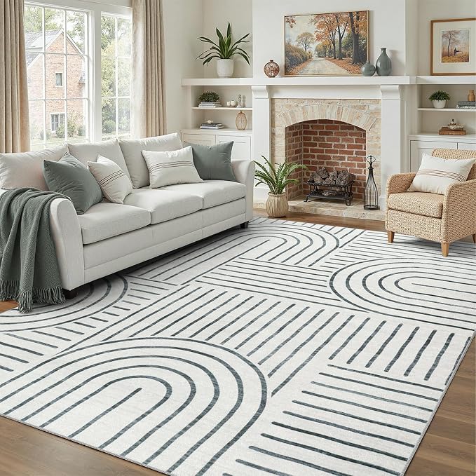 DCX Abstract Washable 9x12 Rug, Non Slip Low Pile Rug, Gray | Rugs for living room, bedroom, dining room, office, soft, mid century modern rug, sain resistant indoor carpet, home decor