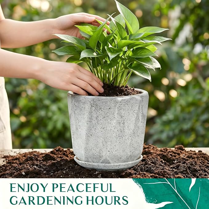 7.8 Inch Ceramic Plant Pot with Drainage Hole Mesh Net, Large Flower Pots for Indoor Plants with Saucer, Gardening Pots Outdoor(Gray-dot)